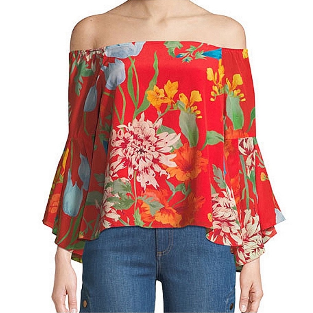 Alice + Olivia Silk Shera Off-The-Shoulder Top Bell Sleeves